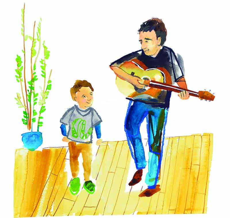 colorful illustration of a man playing guitar for a young boy